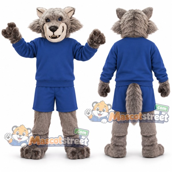Gray Wolf Mascot Costume with Blue Sports Uniform