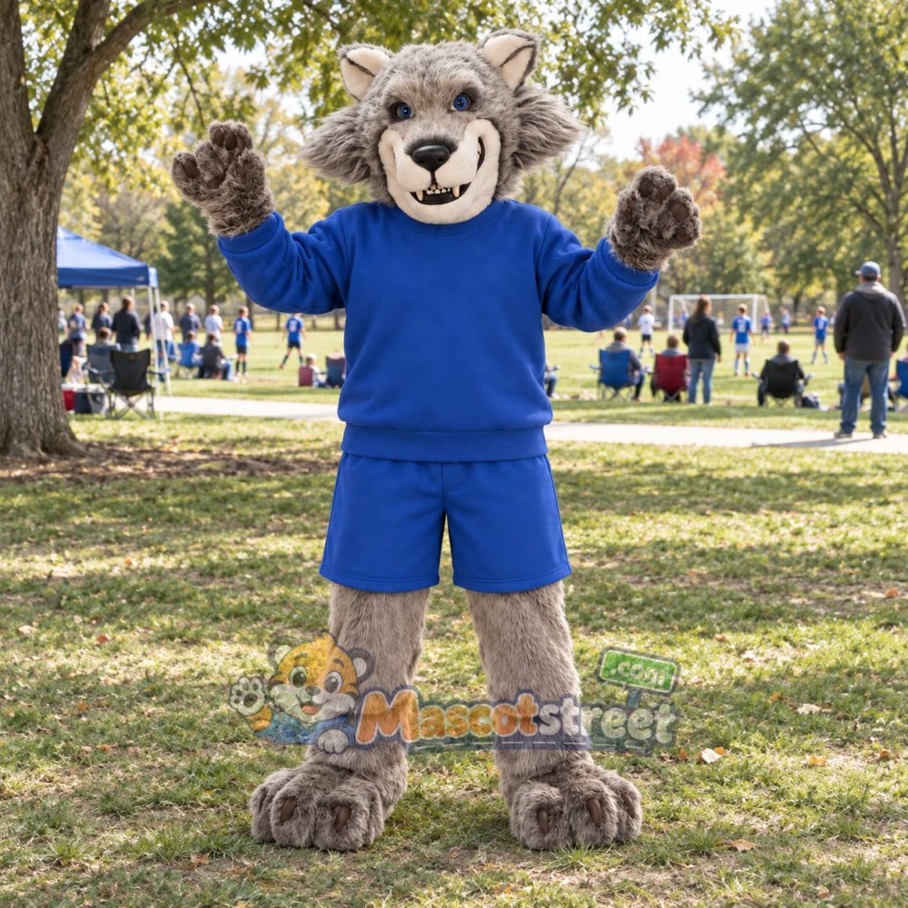Gray Wolf Mascot Costume with Blue Sports Uniform
