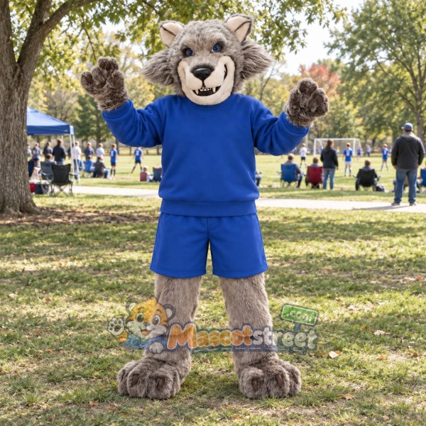 Gray Wolf Mascot Costume with Blue Sports Uniform