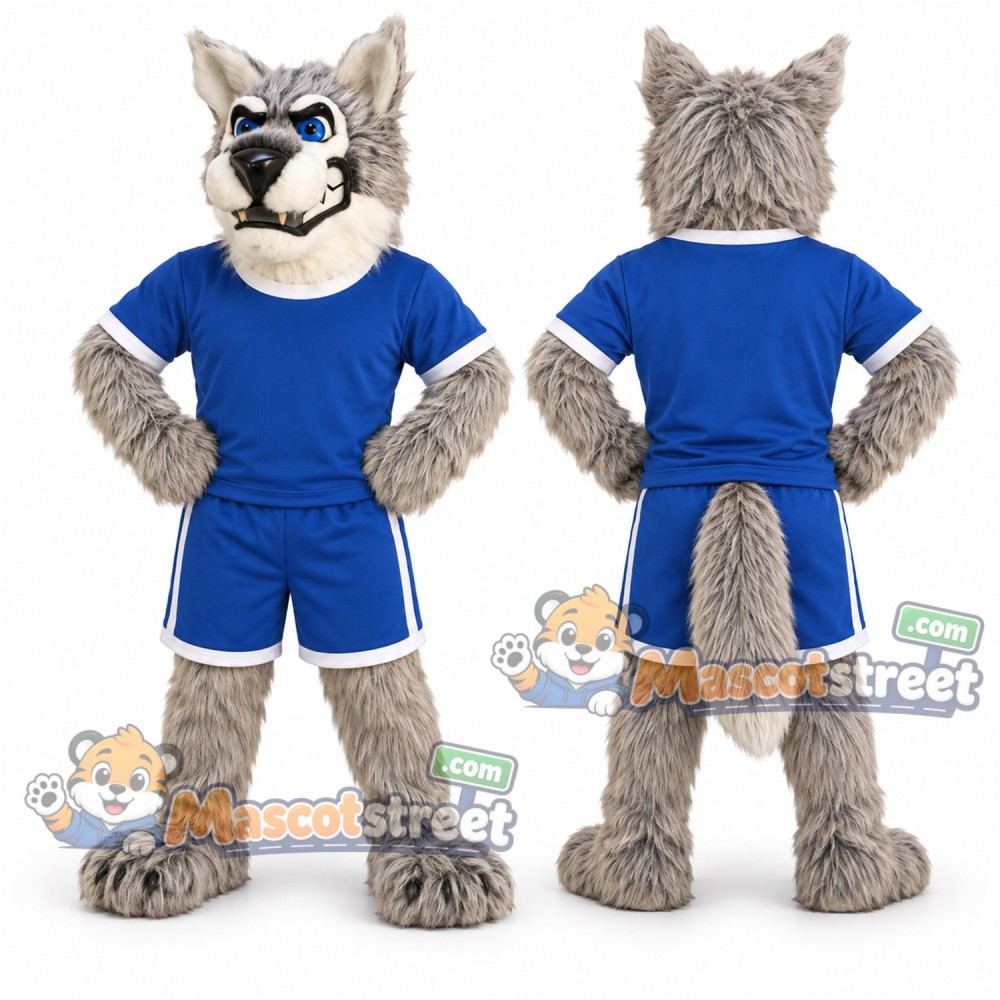 Gray Wolf Mascot Costume with Blue Sports Uniform