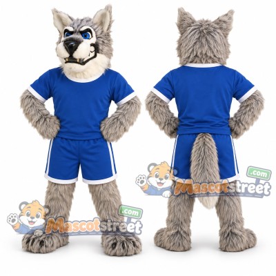 Gray Wolf Mascot Costume with Blue Sports Uniform
