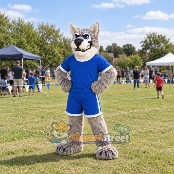 Gray Wolf Mascot Costume with Blue Sports Uniform