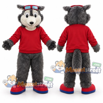 Gray Wolf Mascot Costume with Red Shirt