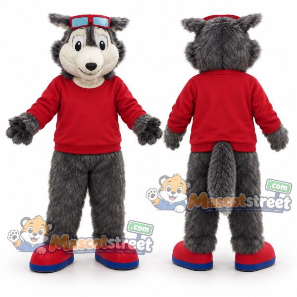 Gray Wolf Mascot Costume with Red Shirt