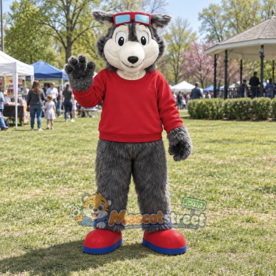 Gray Wolf Mascot Costume with Red Shirt