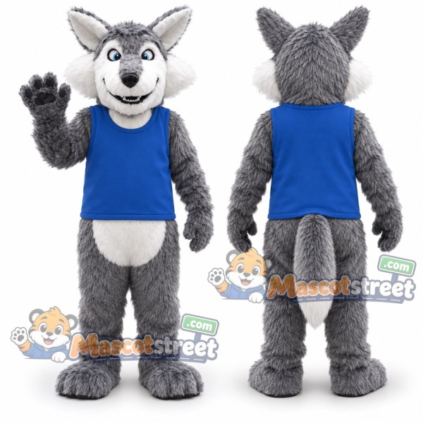 Gray Wolf Mascot Costume with Blue Shirt