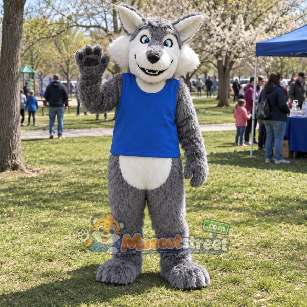 Gray Wolf Mascot Costume with Blue Shirt