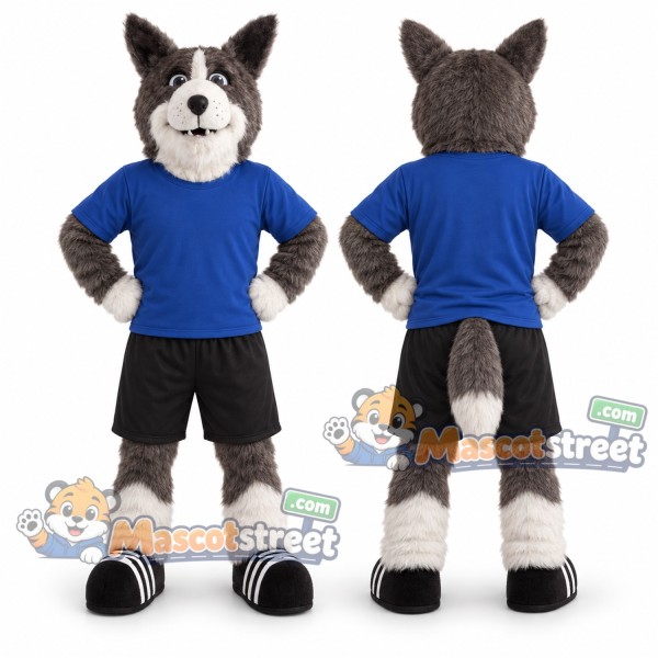 Gray and White Wolf Mascot Costume with Blue Shirt