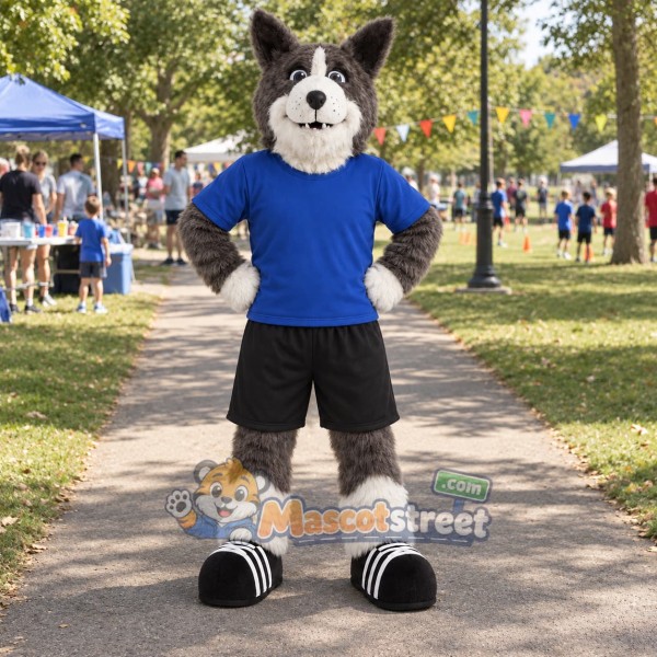 Gray and White Wolf Mascot Costume with Blue Shirt