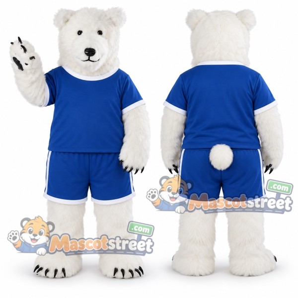 Polar Bear Mascot Costume with Blue Sports Uniform