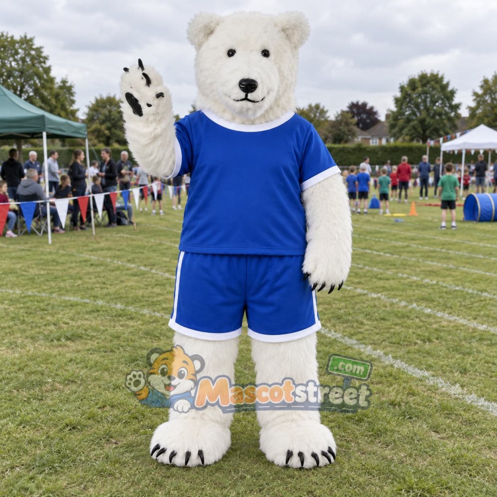 Polar Bear Mascot Costume with Blue Sports Uniform