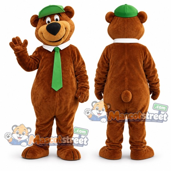 Brown Bear Mascot Costume with Green Tie and Hat
