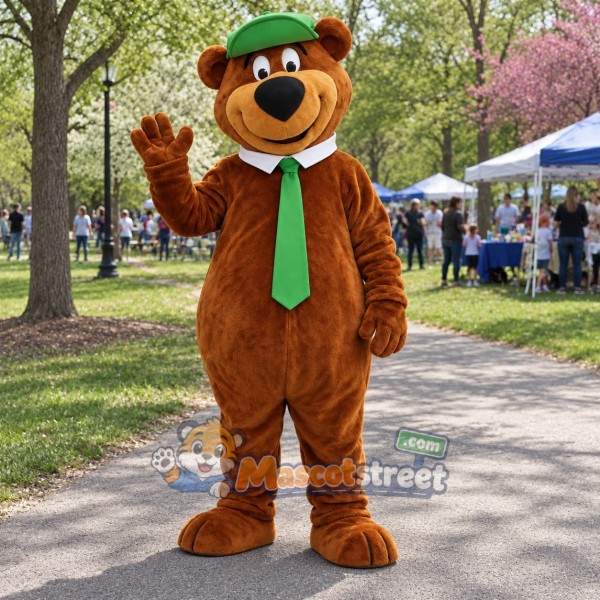Brown Bear Mascot Costume with Green Tie and Hat