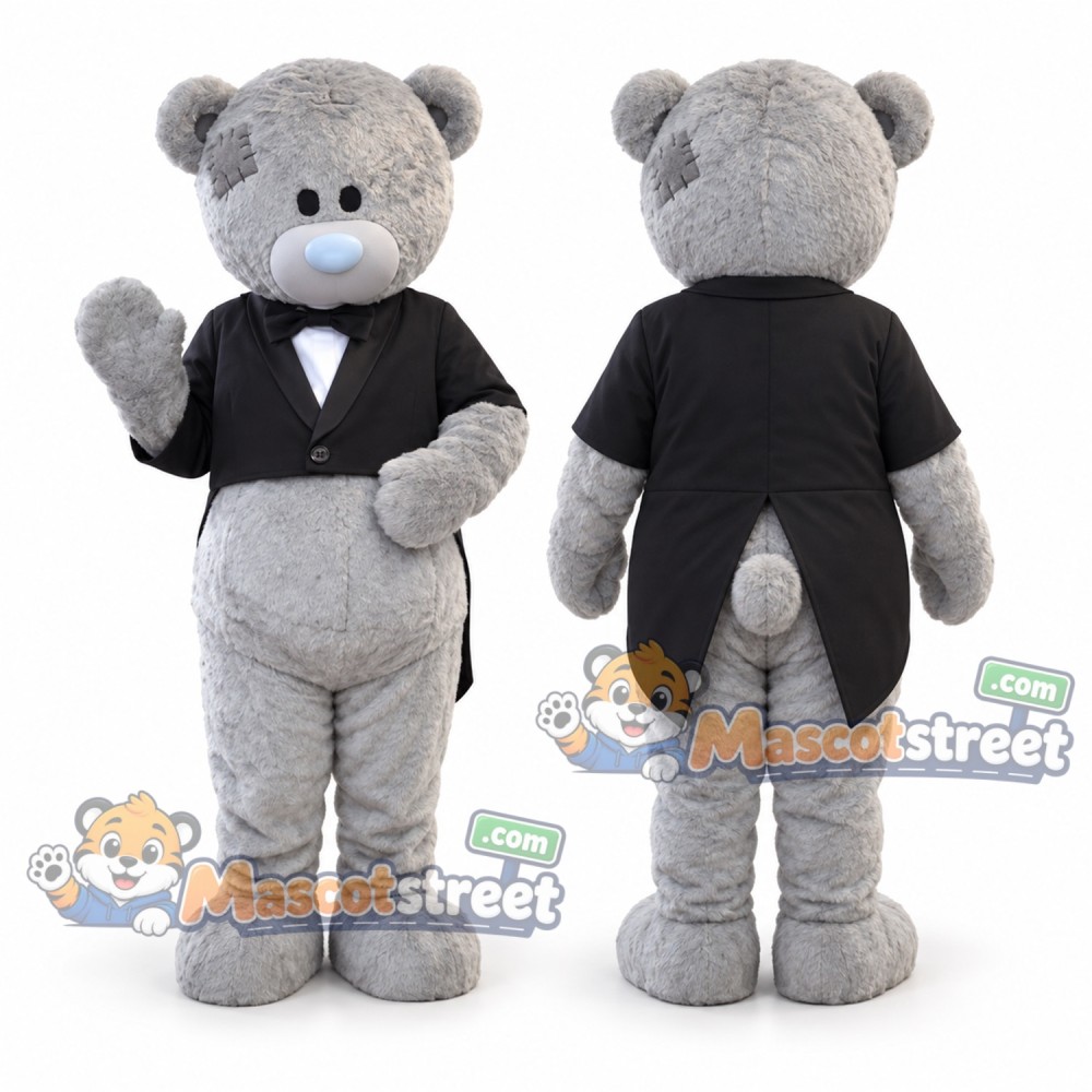 Gray Teddy Bear Mascot Costume with Black Tuxedo