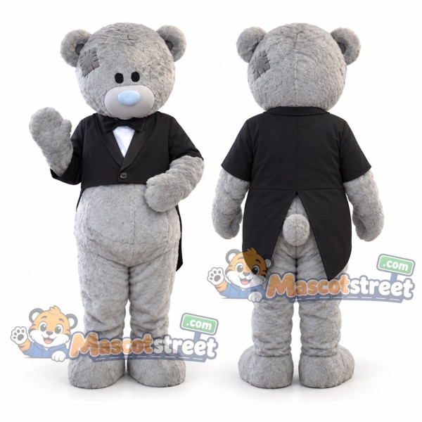Gray Teddy Bear Mascot Costume with Black Tuxedo