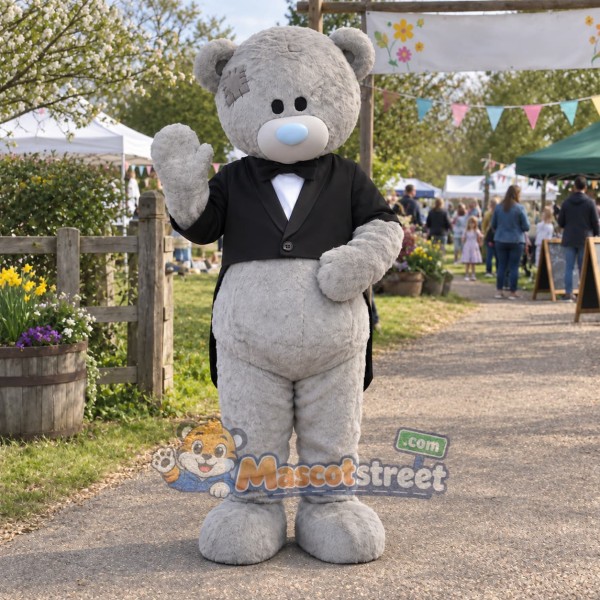 Gray Teddy Bear Mascot Costume with Black Tuxedo