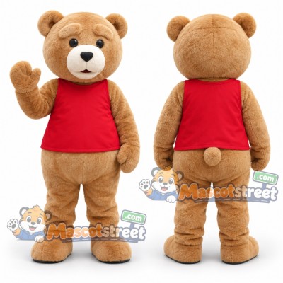 Tan Teddy Bear Mascot Costume with Red Shirt