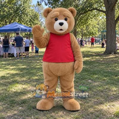 Tan Teddy Bear Mascot Costume with Red Shirt