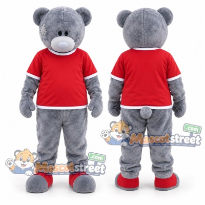 Gray Bear Mascot Costume with Red Shirt