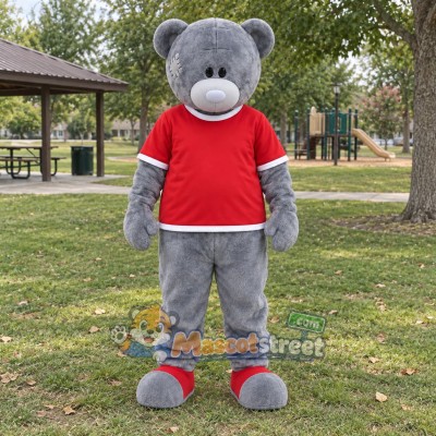 Gray Bear Mascot Costume with Red Shirt