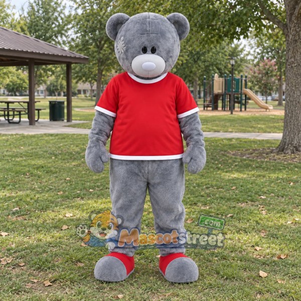 Gray Bear Mascot Costume with Red Shirt