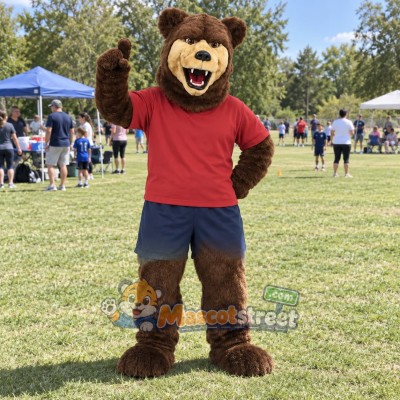 Brown Bear Mascot Costume with Red Shirt