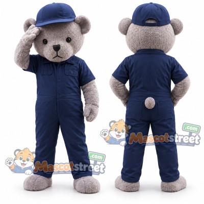 Gray Teddy Bear Mascot Costume with Navy Uniform and Cap