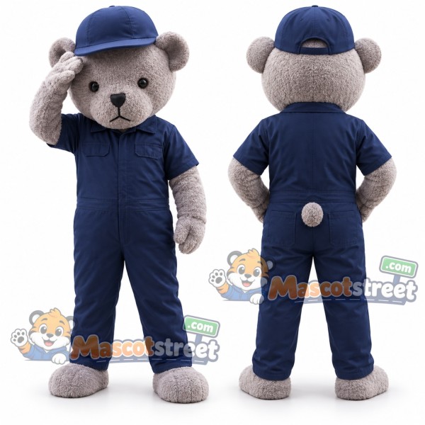 Gray Teddy Bear Mascot Costume with Navy Uniform and Cap