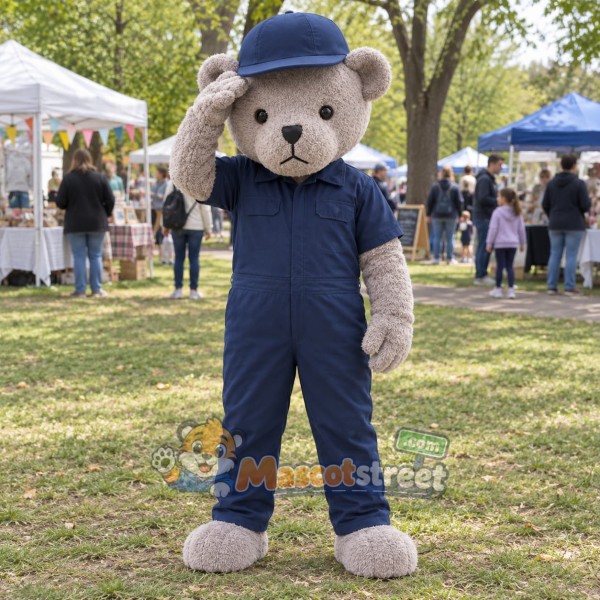 Gray Teddy Bear Mascot Costume with Navy Uniform and Cap