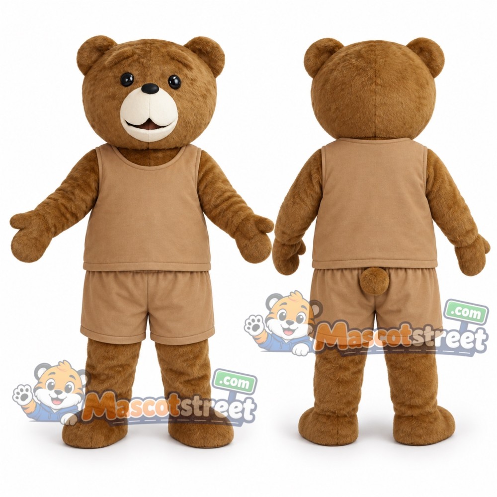 Brown Teddy Bear Mascot Costume with Tan Outfit Brown Teddy Bear Mascot Costume with Tan Outfit