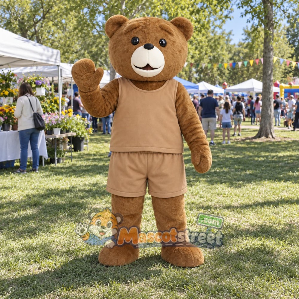 Brown Teddy Bear Mascot Costume with Tan Outfit Brown Teddy Bear Mascot Costume with Tan Outfit