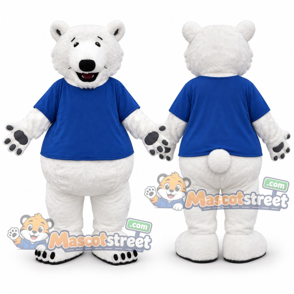 Polar Bear Mascot Costume with Blue Shirt Polar Bear Mascot Costume with Blue Shirt