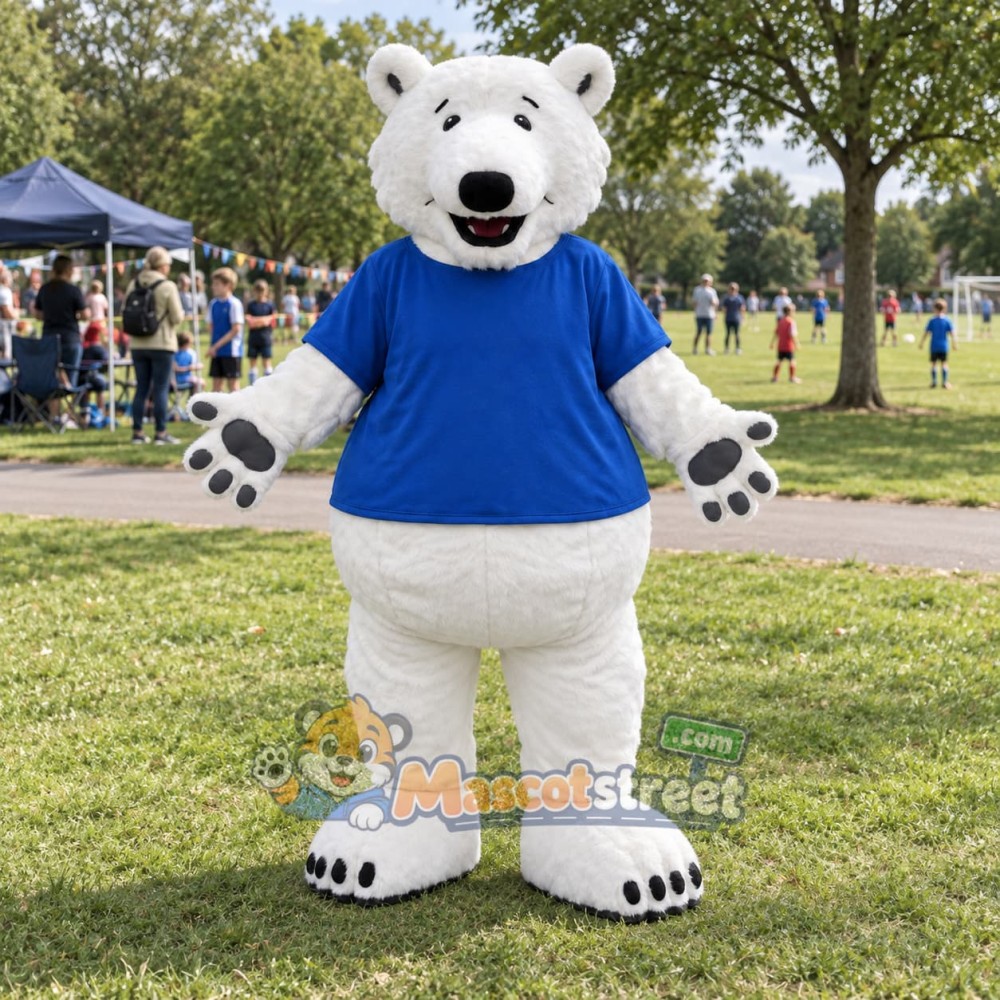 Polar Bear Mascot Costume with Blue Shirt Polar Bear Mascot Costume with Blue Shirt