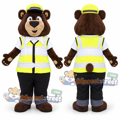 Traffic Officer Bear Mascot Costume with High-Visibility Vest and Helmet Traffic Officer Bear Mascot Costume with High-Visibility Vest and Helmet