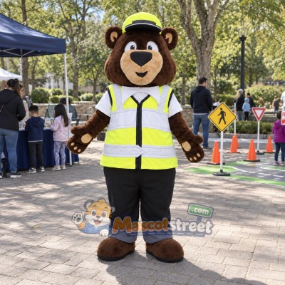 Traffic Officer Bear Mascot Costume with High-Visibility Vest and Helmet Traffic Officer Bear Mascot Costume with High-Visibility Vest and Helmet