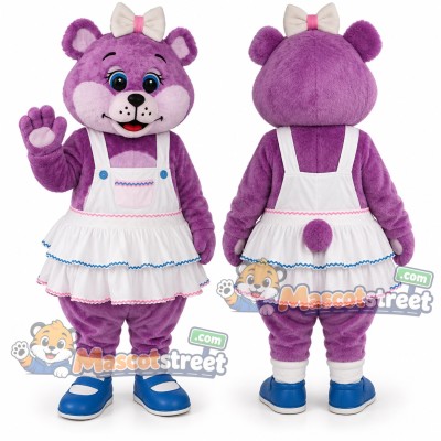 Purple Bear Mascot Costume with White Dress and Bow