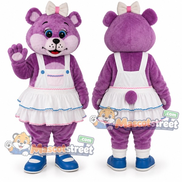 Purple Bear Mascot Costume with White Dress and Bow