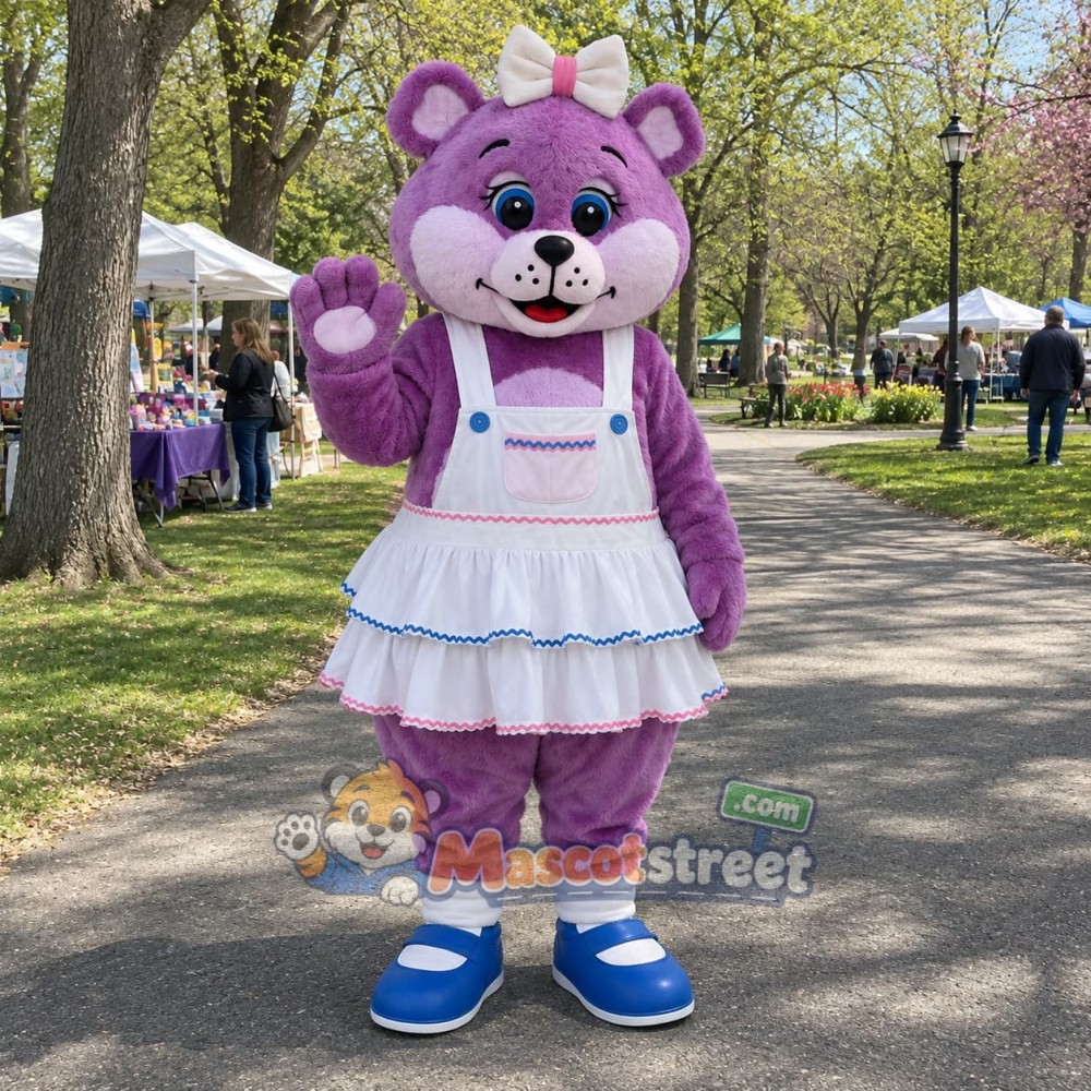 Purple Bear Mascot Costume with White Dress and Bow