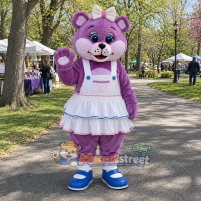 Purple Bear Mascot Costume with White Dress and Bow