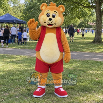 Golden Bear Mascot Costume with Red Vest
