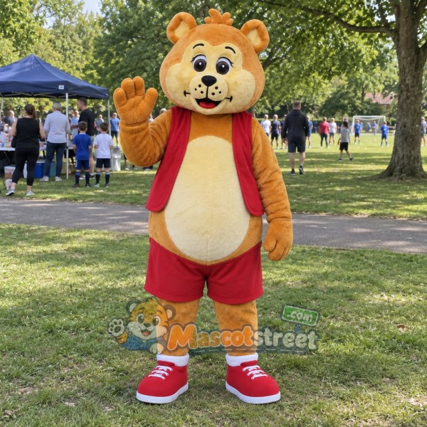 Golden Bear Mascot Costume with Red Vest