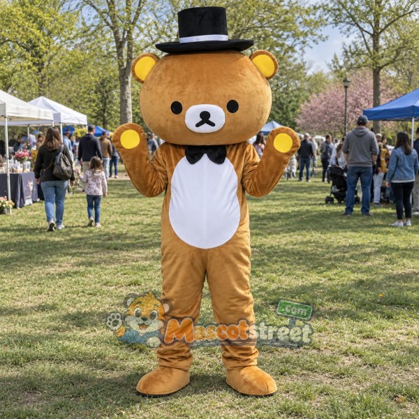 Brown Bear Mascot Costume with Black Top Hat