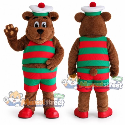 Brown Bear Mascot Costume with Red and Green Striped Outfit Brown Bear Mascot Costume with Red and Green Striped Outfit