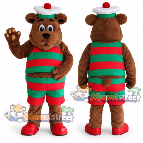 Brown Bear Mascot Costume with Red and Green Striped Outfit