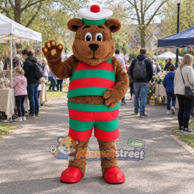Brown Bear Mascot Costume with Red and Green Striped Outfit Brown Bear Mascot Costume with Red and Green Striped Outfit