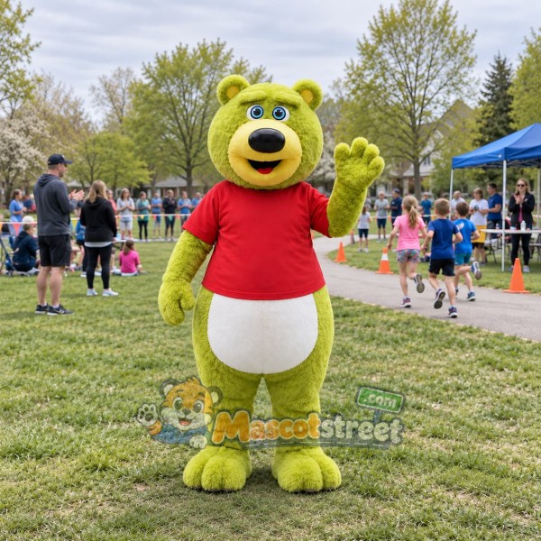 Green Bear Mascot Costume with Red Shirt