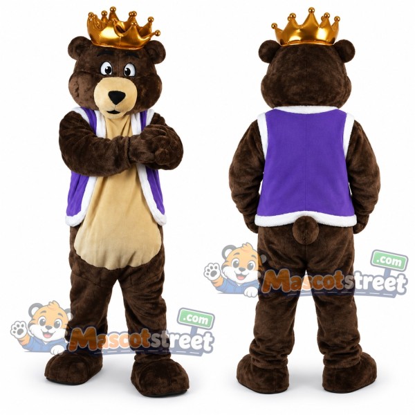 Brown Bear King Mascot Costume with Purple Vest and Crown