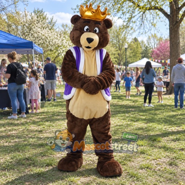 Brown Bear King Mascot Costume with Purple Vest and Crown