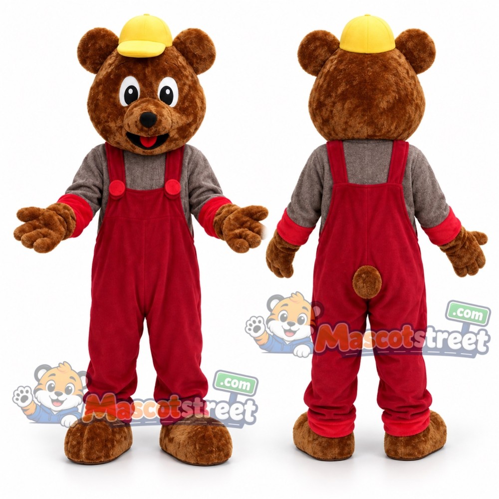 Brown Bear Mascot Costume with Red Overalls and Yellow Hat Brown Bear Mascot Costume with Red Overalls and Yellow Hat