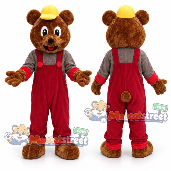 Brown Bear Mascot Costume with Red Overalls and Yellow Hat